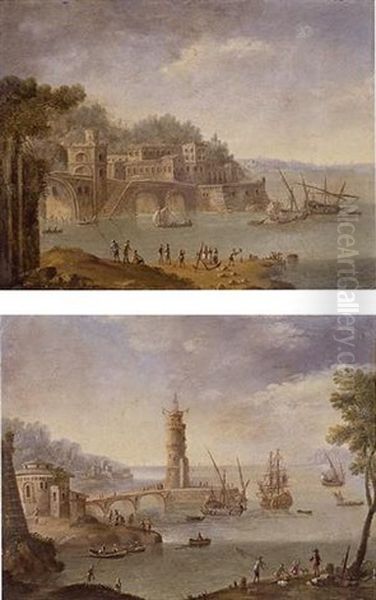 Harbour Scene With Ships By A Tower (+ Harbor Scene By A Fortification; Pair) Oil Painting by Orazio Grevenbroeck