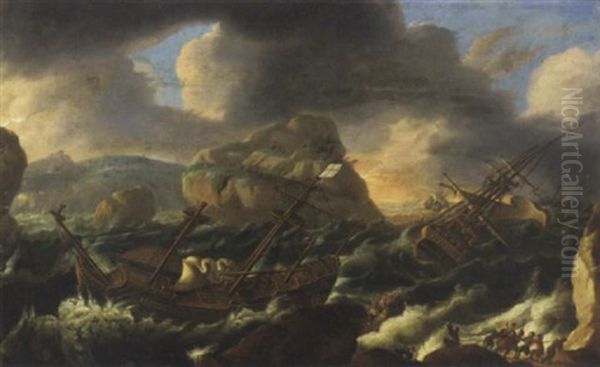 Shipping In A Storm Off A Rocky Coast Oil Painting by Orazio Grevenbroeck