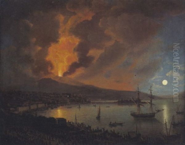 Blick Auf Das Nachtliche Neapel Bei Mondschein Mit Dem Ausbruch Des Vesuvs Oil Painting by Orazio Grevenbroeck