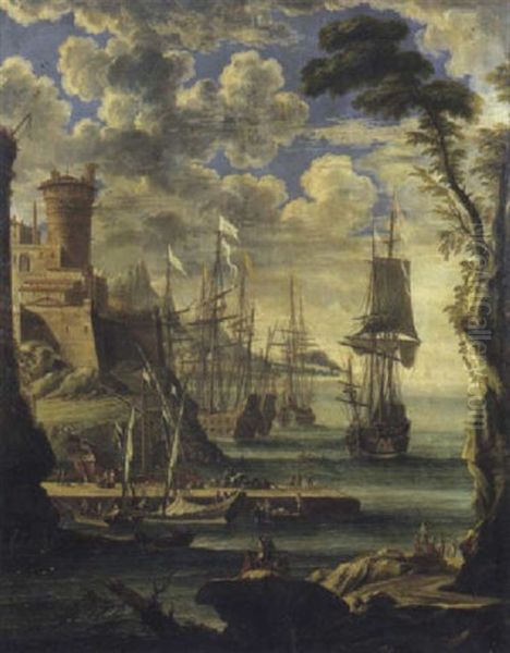 Marina Mediterranea Con Velieri Alla Rada Presso Un Porto Fortificato Con Astanti Vari Oil Painting by Orazio Grevenbroeck