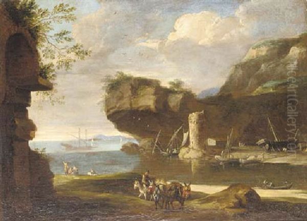 A Mediterranean Harbour With Fishermen And Boat Builders Oil Painting by Orazio Grevenbroeck