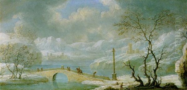 Winterlandschaft Mit Einer Brucke Uber Einem Gefrorenen Gewasser Oil Painting by Orazio Grevenbroeck