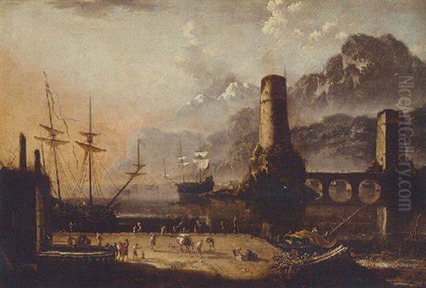 A Mediterranean Harbour With Stevedores On A Quaside, Moored Ships And A Bridge Beyond Oil Painting by Orazio Grevenbroeck