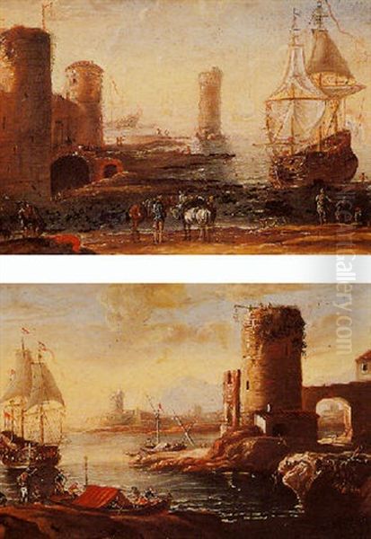 A Dutch Sailing Vessel In An Italianate Harbour With Travellers And Their Horses On The  Quay Oil Painting by Orazio Grevenbroeck