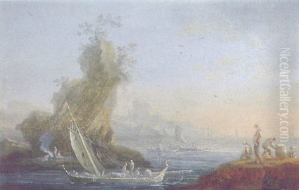 A Mediterranean Coastal Landscape With Sailing Vessels By A Rock And Fishermen On A Cliff Nearby Oil Painting by Orazio Grevenbroeck