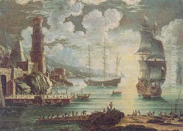 A Capriccio Of A Mediterranean Harbour At Sunset With Three Maltese Men O'war And Other Vessels Oil Painting by Orazio Grevenbroeck