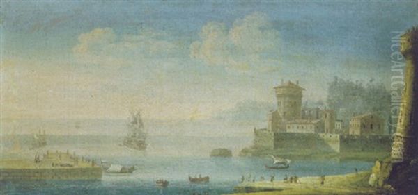 Marina Mediterranea Con Fortificazioni Costiere, Un Vascello E Varie Lance Alla Rada Oil Painting by Orazio Grevenbroeck