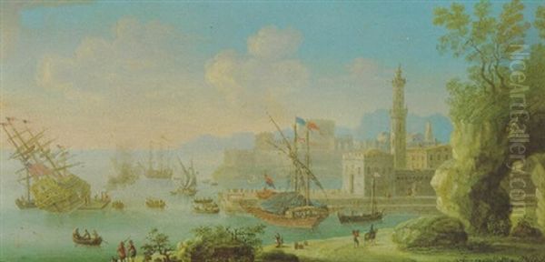 Sudlicher Hafen Mit Einer Galeere Und Zwei Dreimastern Oil Painting by Orazio Grevenbroeck