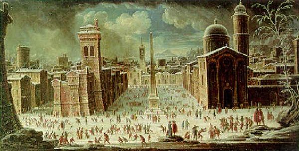 A Capriccio Of A Piazza With A Carnival In Winter Oil Painting by Orazio Grevenbroeck