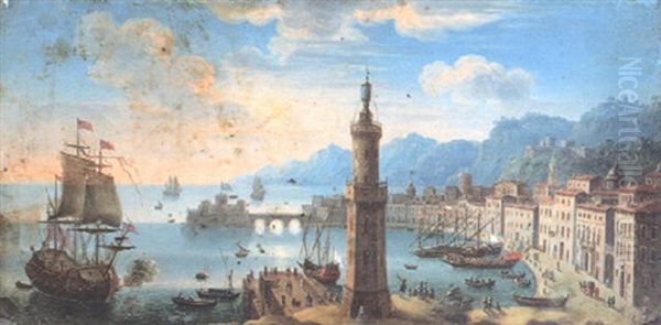 A Capriccio View Of A Mediterranean Port With Lighthouse Oil Painting by Orazio Grevenbroeck