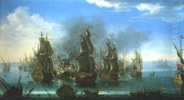 Navires Hollandais Et Anglais Guerroyant Oil Painting by Orazio Grevenbroeck