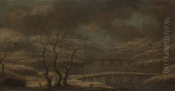 An Extensive Winter Landscape With Bridges Crossing A Frozen River Oil Painting by Orazio Grevenbroeck