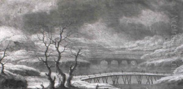 Paysage De Neige Au Pont De Bois Et Pont De Pierre Oil Painting by Orazio Grevenbroeck