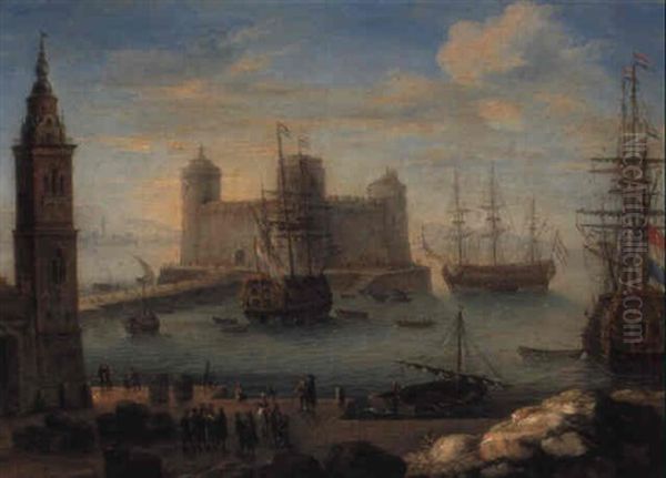 A Mediterranean Port With Men-of-war Moored By A Fortress Oil Painting by Orazio Grevenbroeck