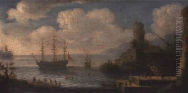 A Man-o'-war Anchored Beneath A Castle Oil Painting by Orazio Grevenbroeck