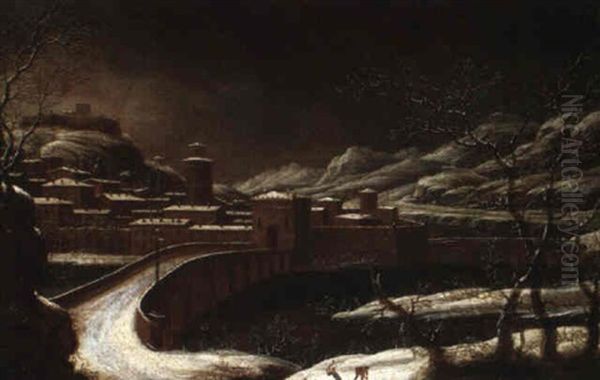 Winter Landscape With Figures Before A River And Walled Village Oil Painting by Orazio Grevenbroeck