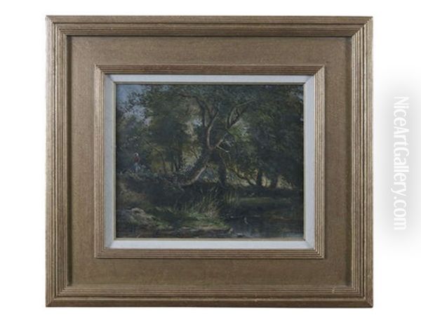 Wooded River Landscape With Lady Walking Oil Painting by Alfred Grey