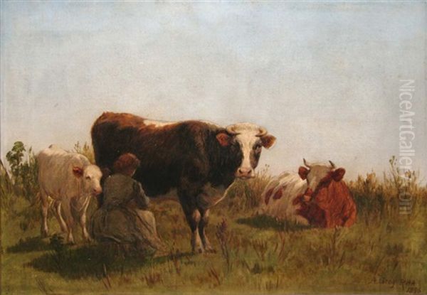 Cows In A Field Oil Painting by Alfred Grey