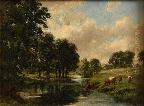 Cattle Grazing By The Stream Oil Painting by Alfred Grey