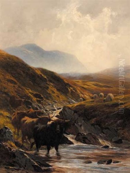 Highland Cattle And Sheep By A Mountain Stream by Alfred Grey