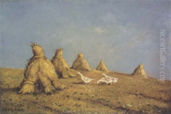 Haystacks And Geese Oil Painting by James Grey