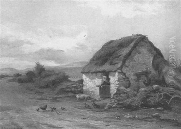 Chickens And A Pig Outside A Roadside Cottage Oil Painting by James, R.H.A. Grey