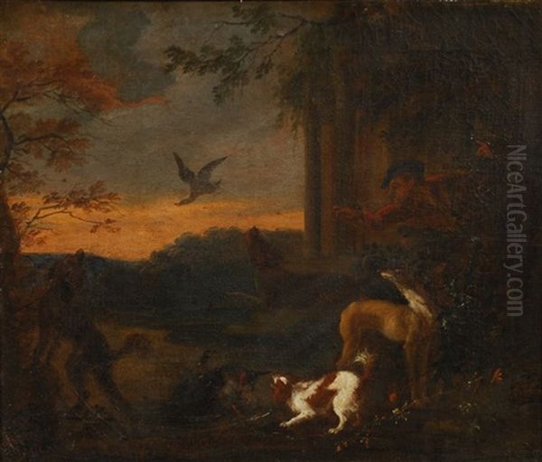 Chasseurs Dans Un Paysage (2 Works) Oil Painting by Adriaen Greyff