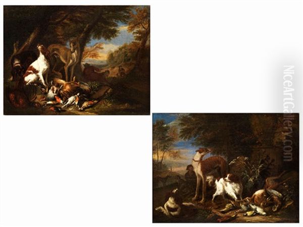 Jagdstucke Mit Leicht Abgedunkelter Waldlandschaft Mit Ausblick In Die Hugelige Ferne (pair) Oil Painting by Adriaen Greyff