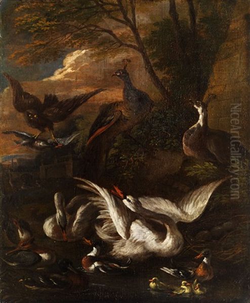 Federvieh In Abendlicher Landschaft Mit Raubvogel Oil Painting by Adriaen Greyff