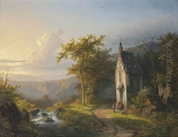 A Landscape With Brook, Pilgrims And A Chapel Oil Painting by Bonifacius Cornelis Schneiders Van Greyffenswerth