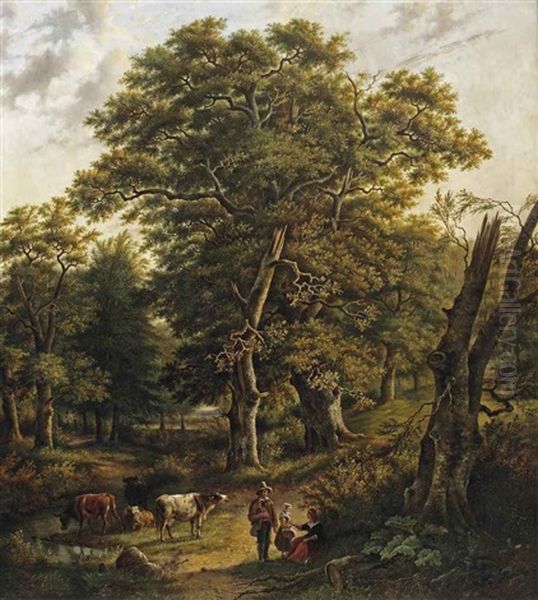 A Forest With Figures Resting Near A Stream Oil Painting by Bonifacius Cornelis Schneiders Van Greyffenswerth