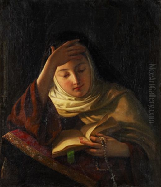 Young Nun At Prayer Oil Painting by Sergei Ivanovich Gribkov