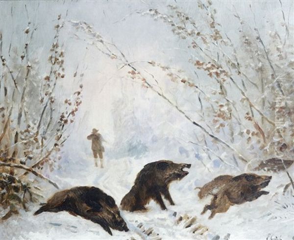 La Chasse Aux Sangliers Dans La Neige Oil Painting by Joseph Emile Gridel