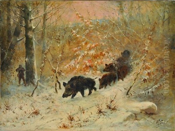 Compagnie De Sangliers Guettee Par Un Chasseur Oil Painting by Joseph Emile Gridel