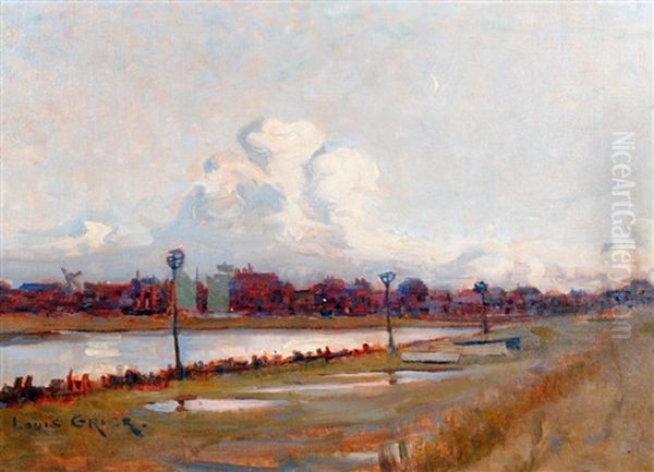 Evening River Scene With Town Beyond Oil Painting by Louis Monro Grier