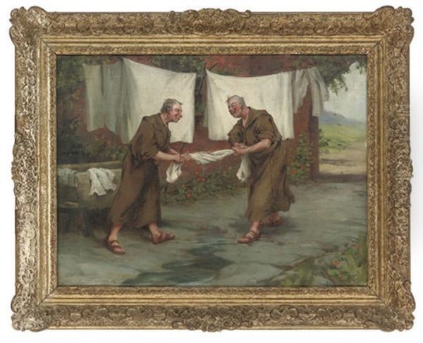 Monks Wringing Out The Sheets Oil Painting by Charles MacIver Grierson