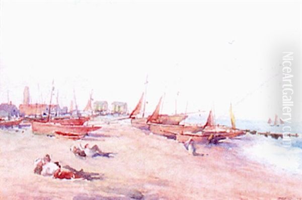 Beached Fishing Boats At Eastbourne Oil Painting by Charles MacIver Grierson