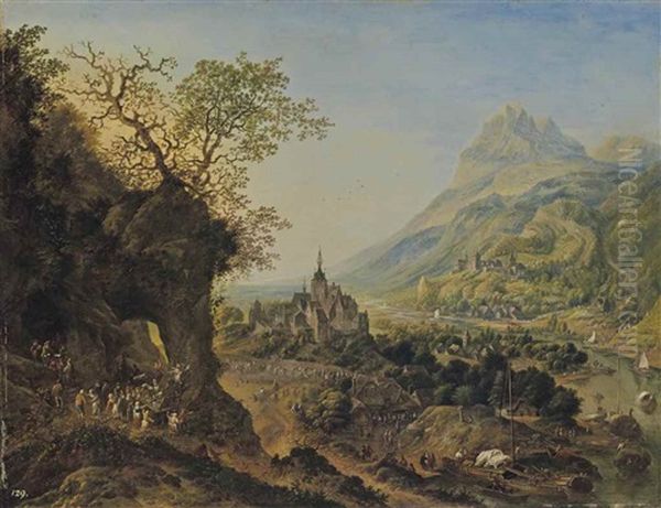 An Extensive Rhenish Landscape With Peasants Harvesting On The Mountain Sides And In The Valley, And Various Sailing Vessels On The River Below Oil Painting by Jan Griffier the Elder