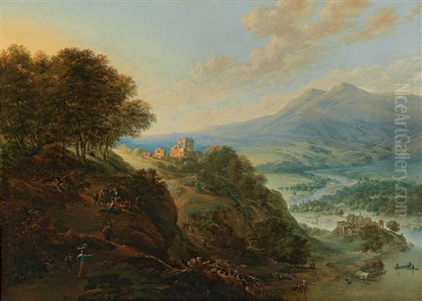 A Vast Mountain Landscape With Peasants Resting Near A Path And A Small Fortified Town In A Valley Oil Painting by Jan Griffier the Elder