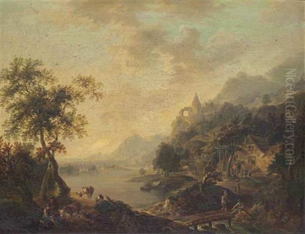 An Extensive River Landscape With Drovers And Their Cattle, Mountains Beyond Oil Painting by Jan Griffier the Elder