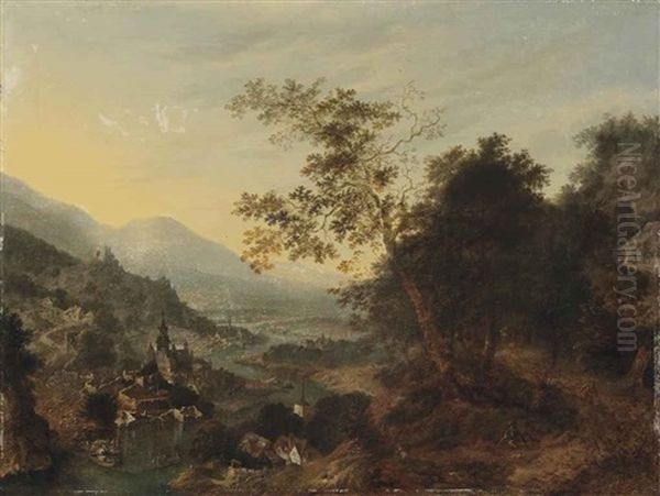 A Rhenish River Landscape With Travellers On A Path, Boats Moored Near A Castle On A Hill, A Town Beyond Oil Painting by Jan Griffier the Elder