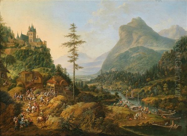 Weite Idealisierte Flusslandschaft Mit Einer Jagdgesellschaft Oil Painting by Jan Griffier the Elder