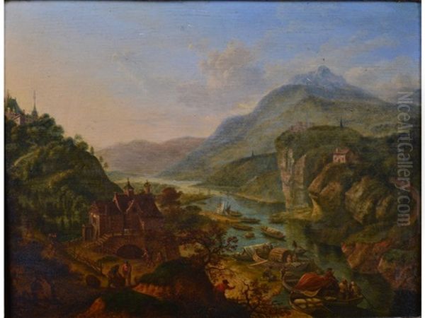 Figures And Boats On A River In A Mountainous Landscape Oil Painting by Jan Griffier the Elder