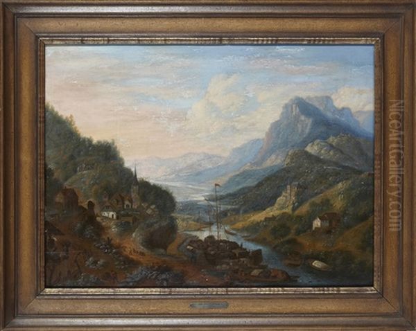 Rhenlandskt Flodlandskap Med By Och Figurer Oil Painting by Jan Griffier the Elder