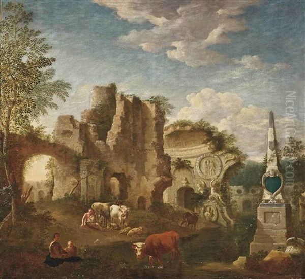 An Italianate Landscape With Classical Ruins, Drovers And Their Herd At Rest Oil Painting by Jan Griffier the Elder