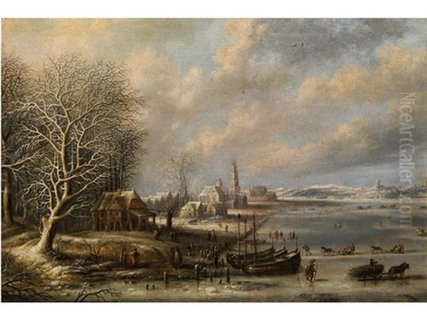 Hollandische Winterlandschaft Mit Kirchturm Zwischen Verschneiten Hausern Sowie Eisvergnugen Auf Gefrorenem See Oil Painting by Jan Griffier the Elder