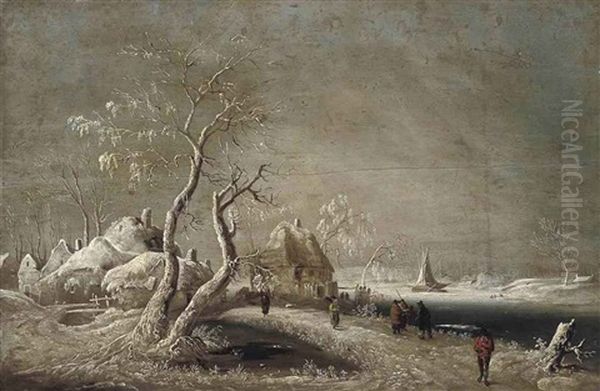 A Winter River Landscape With Figures On A Track Oil Painting by Jan Griffier the Elder