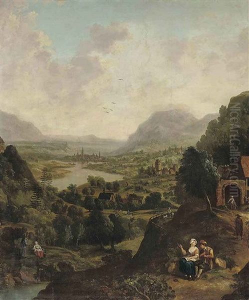 A Rhenish River Landscape With Figures Travelling And Conversing Beside A Track, A City Beyond Oil Painting by Jan Griffier the Elder