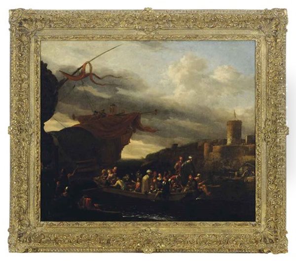 Merchants And Sailors Disembarking From A Galleon In A Mediterranean Port Oil Painting by Jan Griffier the Elder