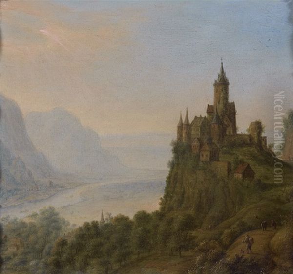 Paysage Panoramique De La Vallee Du Rhin Avec Un Chateau Oil Painting by Jan Griffier the Elder